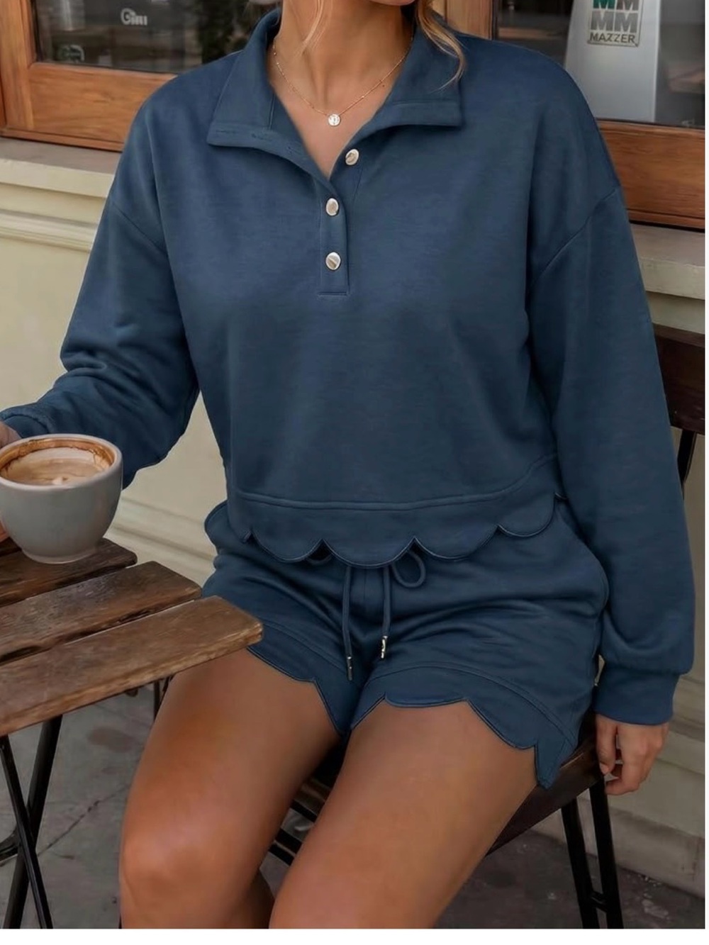 NWT Fisoew 2 Piece Sweatsuit Fall Outfits Lounge Scalloped Shorts Sets Navy Sz M
